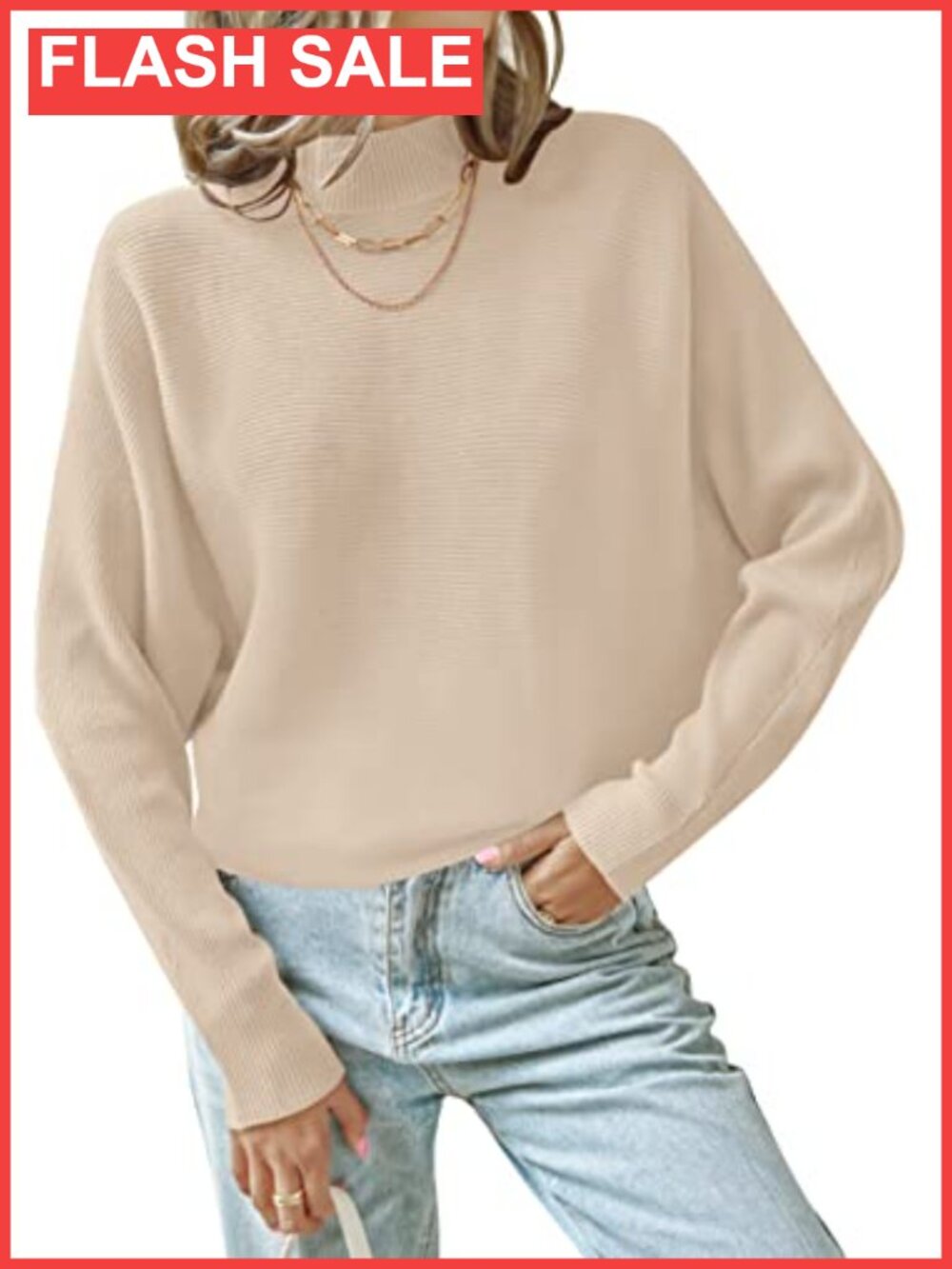 Turtleneck Long Batwing Sleeve Ribbed Knit Pullover Sweater